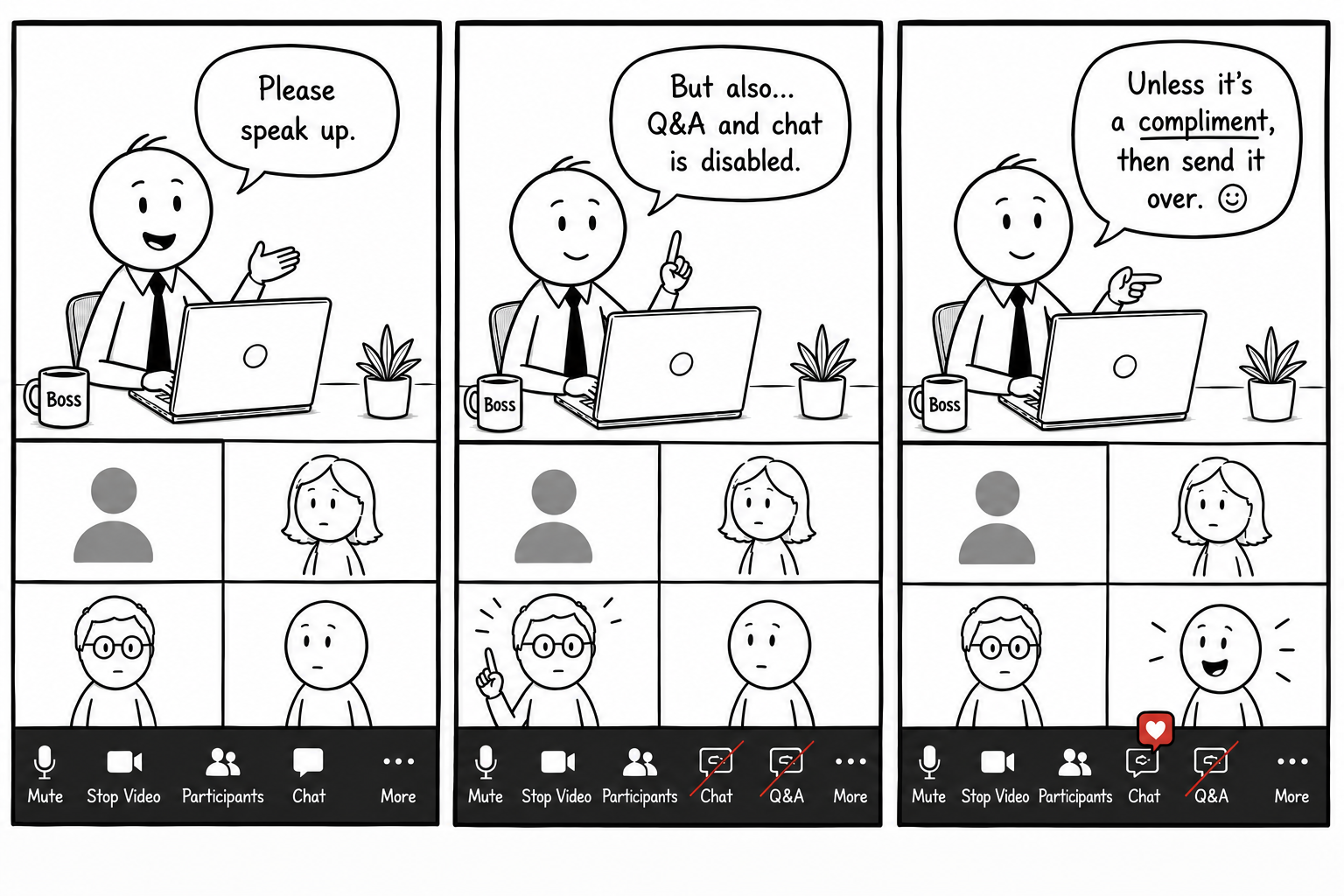 Comic strip of town hall meeting style=